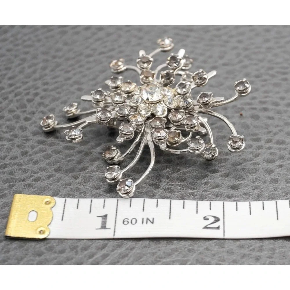 Vintage Rhinestone Abstract Starburst Brooch Pin Silver Tone